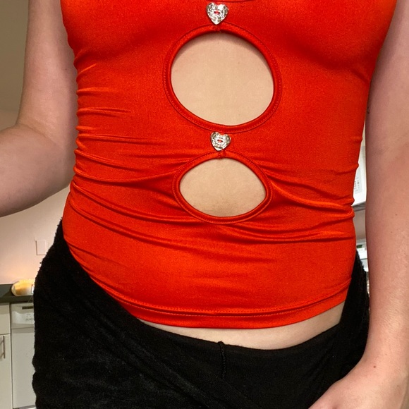 Red cutout heart diamonds top shiny stretchy! - Picture 5 of 5